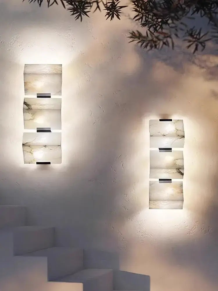 Modern white marble led outdoor wall sconce with sleek black accents from decorbites geometric led collection