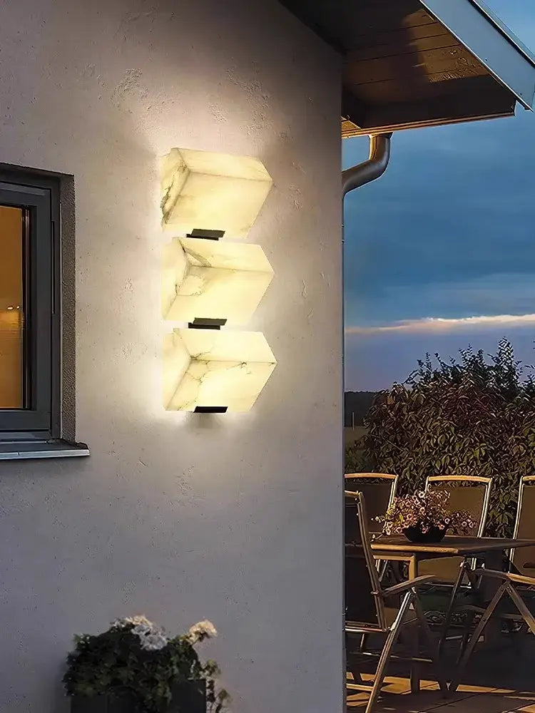 Modern onyx amber geometric led outdoor wall sconce with warm white marble panels for led outdoor wall decorbites geometric led lighting