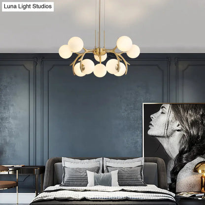 Lámpara de araña colgante moderna de 10 luces en cristal opalino esmerilado dorado - Lámpara colgante redonda