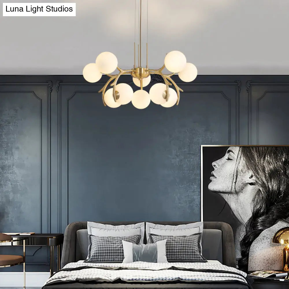 Lámpara de araña colgante moderna de 10 luces en cristal opalino esmerilado dorado - Lámpara colgante redonda