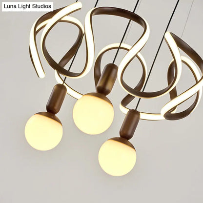 Lámpara de araña moderna con forma de globo de cristal opalino - 3 luces, diseño colgante color café con decoración abstracta de acrílico