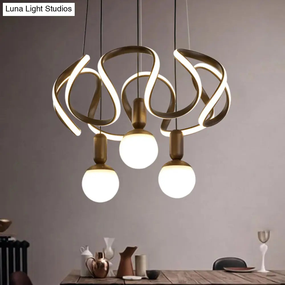 Lámpara de araña moderna con forma de globo de cristal opalino - 3 luces, diseño colgante color café con decoración abstracta de acrílico