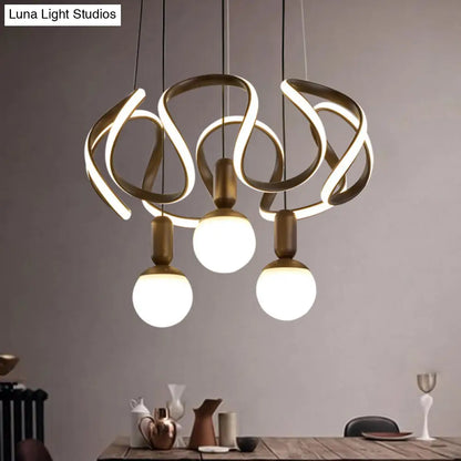 Lámpara de araña moderna con forma de globo de cristal opalino - 3 luces, diseño colgante color café con decoración abstracta de acrílico