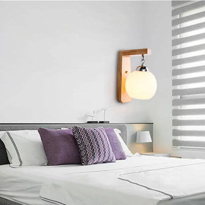 DecorBites™ DecorBites™ Modern Opal Glass Globe Wall Light with Wood Base - White Sconce for Bedroom