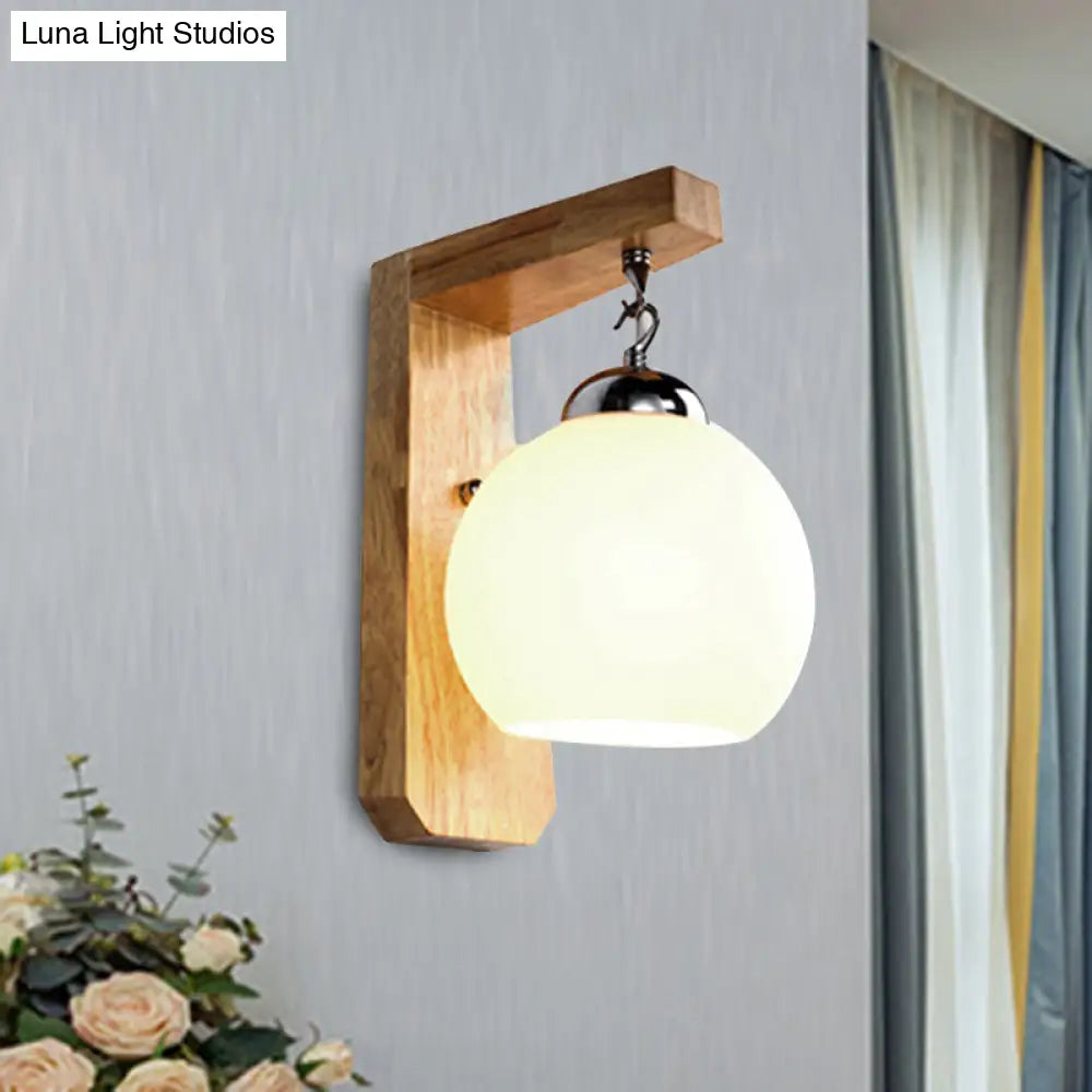 DecorBites™ DecorBites™ Modern Opal Glass Globe Wall Light with Wood Base - White Sconce for Bedroom