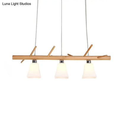 DecorBites™ modern opal glass chandelier light fixture with wood branch design and three frosted shades for island lighting