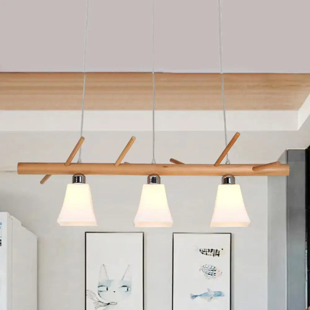 DecorBites modern opal glass chandelier with three frosted shades and wood branch design island lighting for dining room