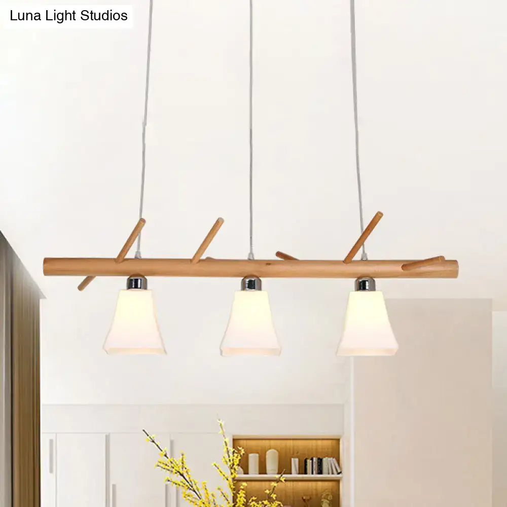 DecorBites modern wooden pendant light fixture with three frosted glass shades for dining room island lighting