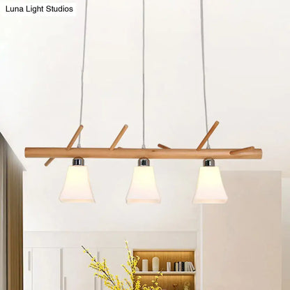 DecorBites modern wooden pendant light fixture with three frosted glass shades for dining room island lighting