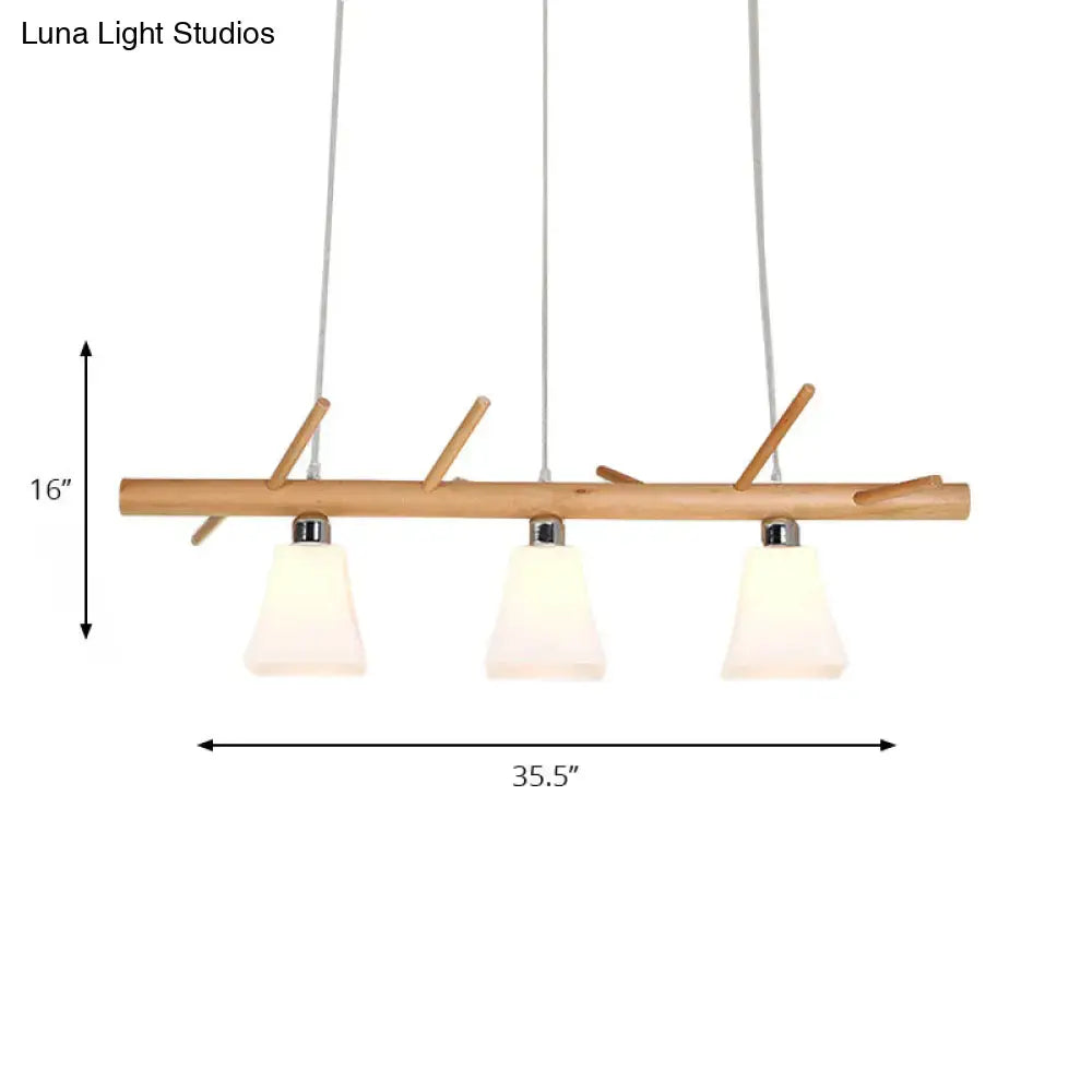 DecorBites™ modern opal glass chandelier with three frosted shades and wood accents for dining room island lighting