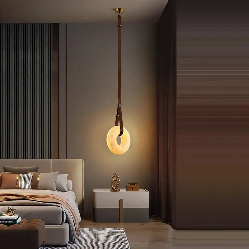 Modern opal glass ring marble chandelier with warm yellowish gold glass shade and leather straps for living room decorbites classic ring