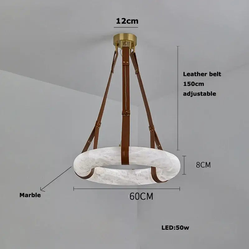 A modern opal glass ring marble chandelier with white marble ring, brown leather straps, and brass mount decorbites classic ring