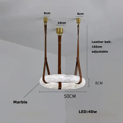 Modern opal glass ring marble chandelier featuring a white marble ring with brown leather straps and brass hardware decorbites classic ring