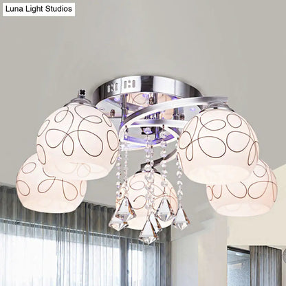 DecorBites™ DecorBites™ Modern Opal Glass Semi Flush Ceiling Light with Crystal Drop - 3/5 Lights, Chrome Finish