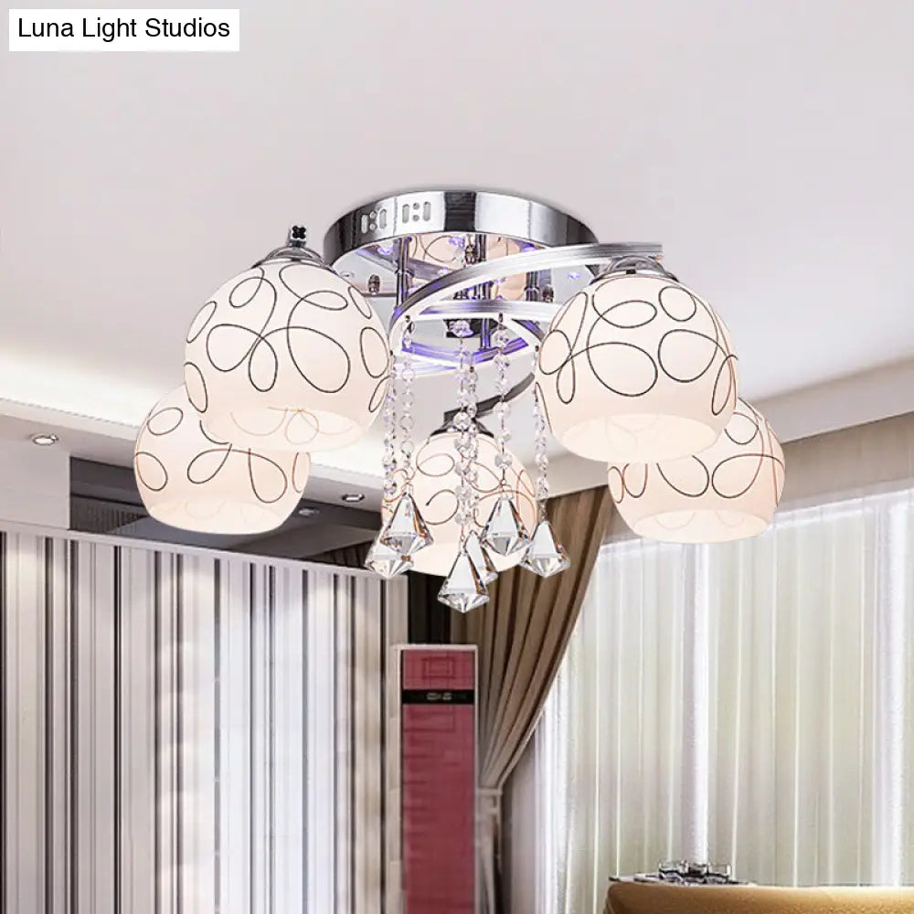 DecorBites™ DecorBites™ Modern Opal Glass Semi Flush Ceiling Light with Crystal Drop - 3/5 Lights, Chrome Finish