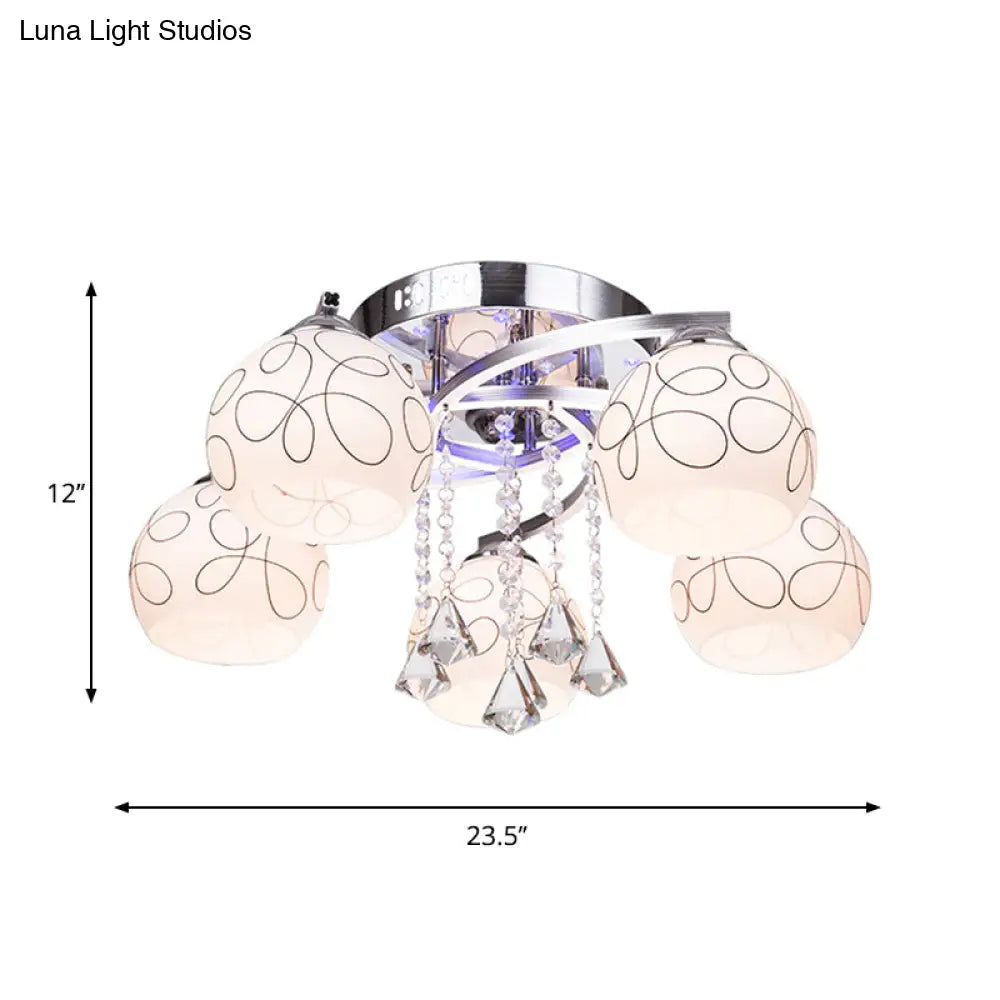 DecorBites™ DecorBites™ Modern Opal Glass Semi Flush Ceiling Light with Crystal Drop - 3/5 Lights, Chrome Finish