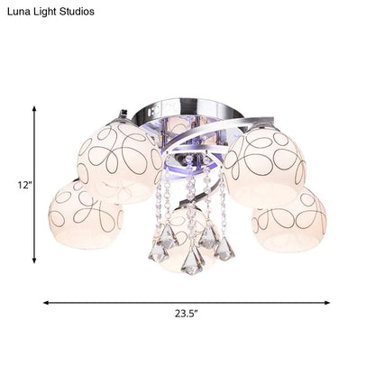 DecorBites™ DecorBites™ Modern Opal Glass Semi Flush Ceiling Light with Crystal Drop - 3/5 Lights, Chrome Finish