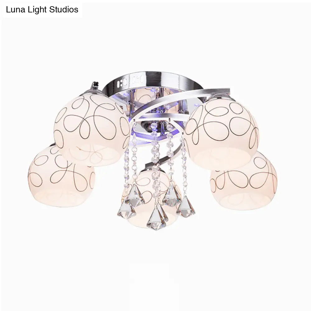 DecorBites™ DecorBites™ Modern Opal Glass Semi Flush Ceiling Light with Crystal Drop - 3/5 Lights, Chrome Finish