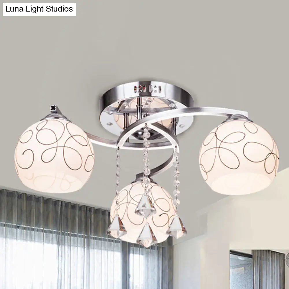DecorBites™ DecorBites™ Modern Opal Glass Semi Flush Ceiling Light with Crystal Drop - 3/5 Lights, Chrome Finish