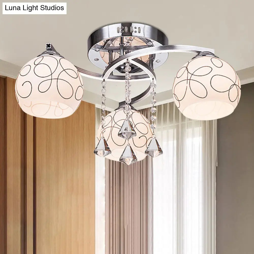 DecorBites™ DecorBites™ Modern Opal Glass Semi Flush Ceiling Light with Crystal Drop - 3/5 Lights, Chrome Finish