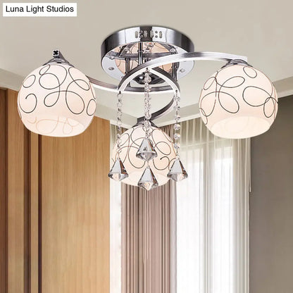 DecorBites™ DecorBites™ Modern Opal Glass Semi Flush Ceiling Light with Crystal Drop - 3/5 Lights, Chrome Finish