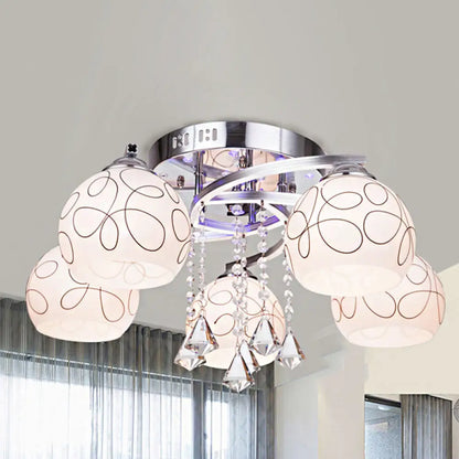DecorBites™ DecorBites™ Modern Opal Glass Semi Flush Ceiling Light with Crystal Drop - 3/5 Lights, Chrome Finish