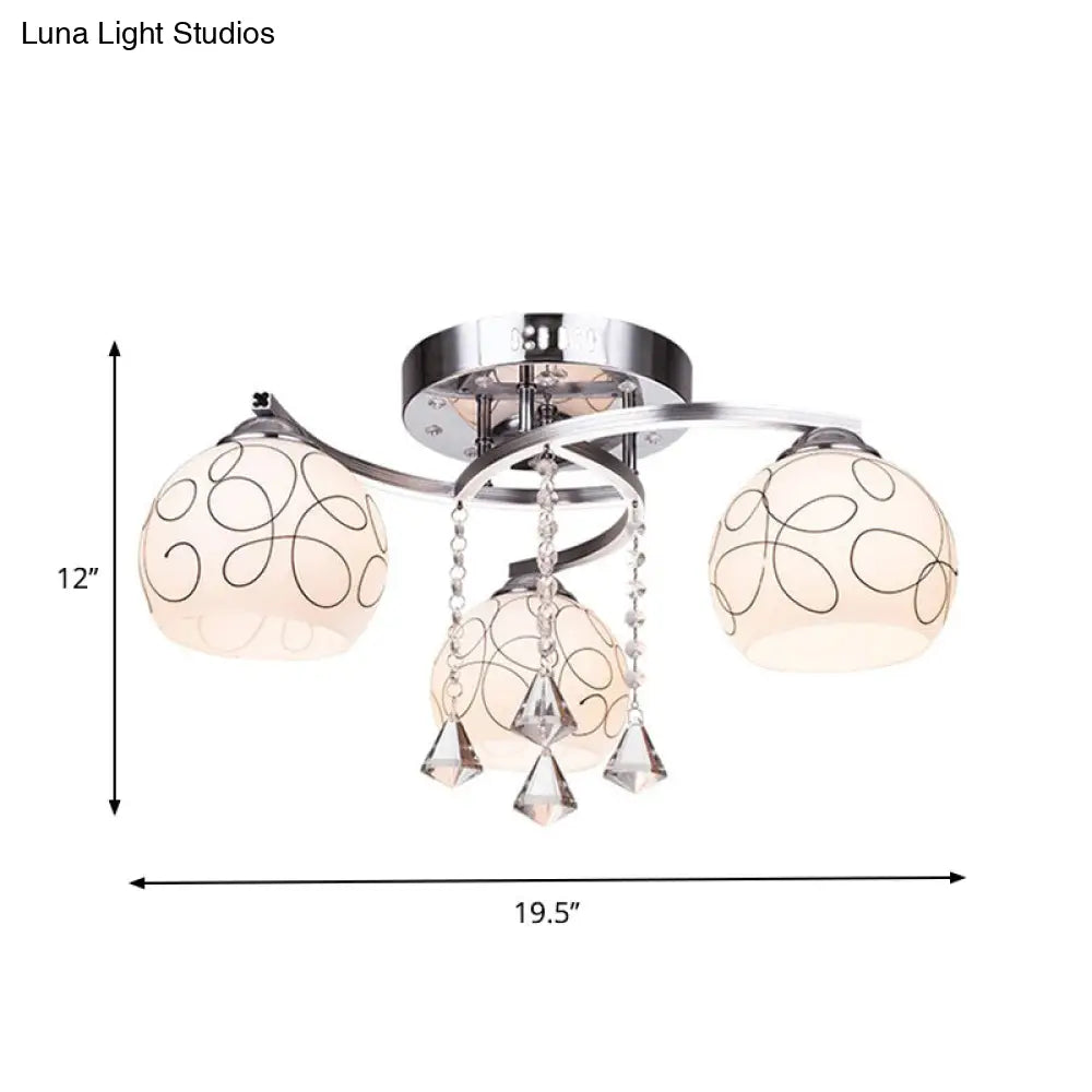 DecorBites™ DecorBites™ Modern Opal Glass Semi Flush Ceiling Light with Crystal Drop - 3/5 Lights, Chrome Finish