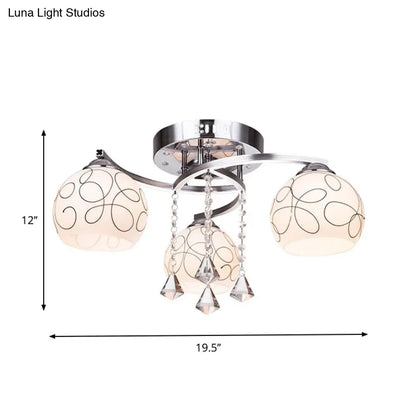 DecorBites™ DecorBites™ Modern Opal Glass Semi Flush Ceiling Light with Crystal Drop - 3/5 Lights, Chrome Finish