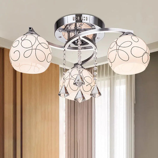 DecorBites™ DecorBites™ Modern Opal Glass Semi Flush Ceiling Light with Crystal Drop - 3/5 Lights, Chrome Finish