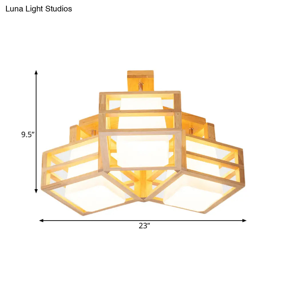 DecorBites™ DecorBites™ Modern Opaline Matte Glass Cube Ceiling Light with 3 Beige Heads & Wood Cage Guard