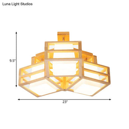 DecorBites™ DecorBites™ Modern Opaline Matte Glass Cube Ceiling Light with 3 Beige Heads & Wood Cage Guard