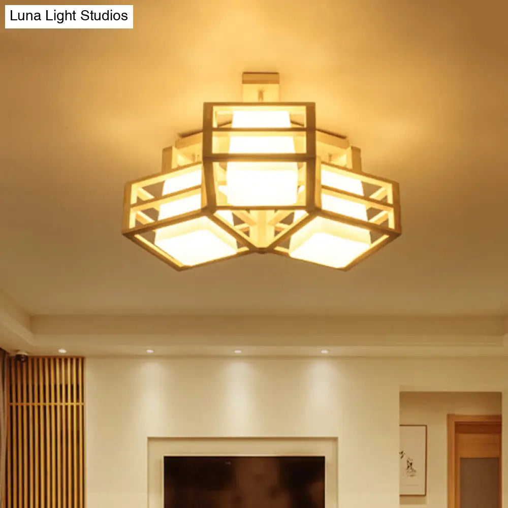 DecorBites™ DecorBites™ Modern Opaline Matte Glass Cube Ceiling Light with 3 Beige Heads & Wood Cage Guard