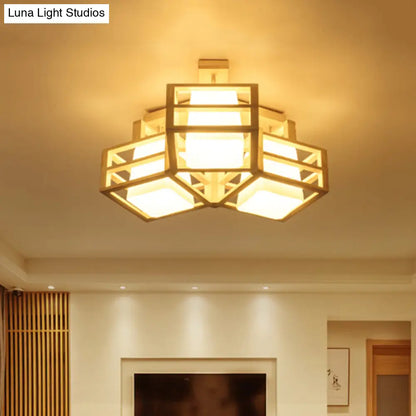 DecorBites™ DecorBites™ Modern Opaline Matte Glass Cube Ceiling Light with 3 Beige Heads & Wood Cage Guard