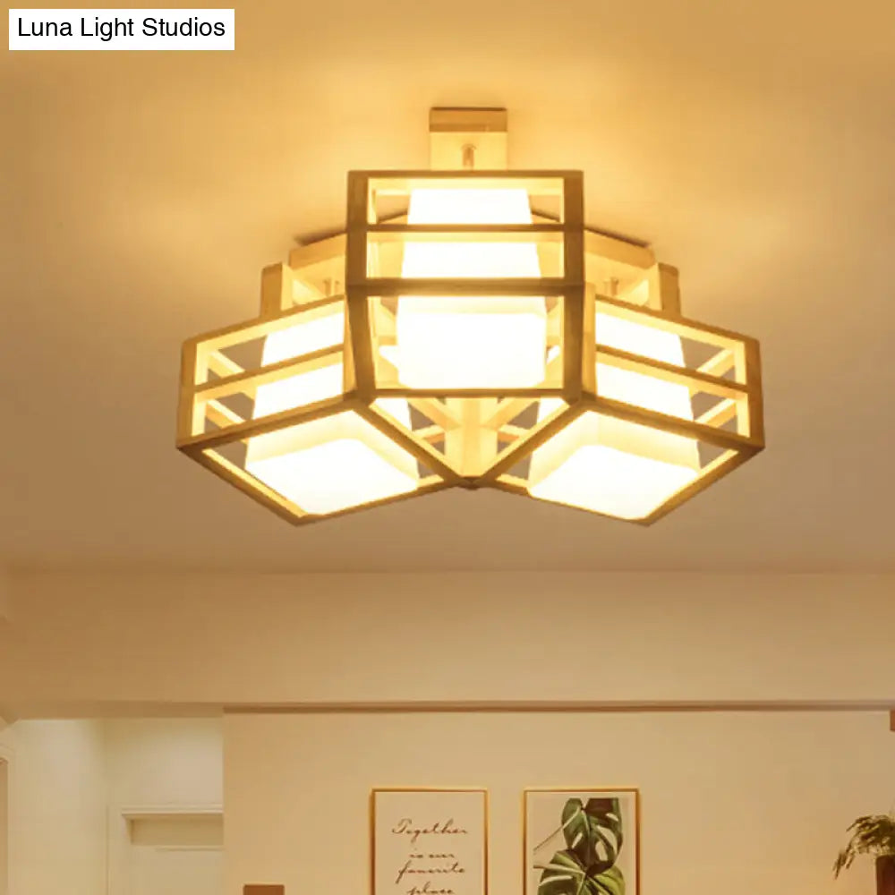 DecorBites™ DecorBites™ Modern Opaline Matte Glass Cube Ceiling Light with 3 Beige Heads & Wood Cage Guard