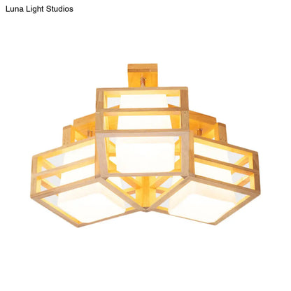 DecorBites™ DecorBites™ Modern Opaline Matte Glass Cube Ceiling Light with 3 Beige Heads & Wood Cage Guard