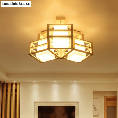 DecorBites™ DecorBites™ Modern Opaline Matte Glass Cube Ceiling Light with 3 Beige Heads & Wood Cage Guard