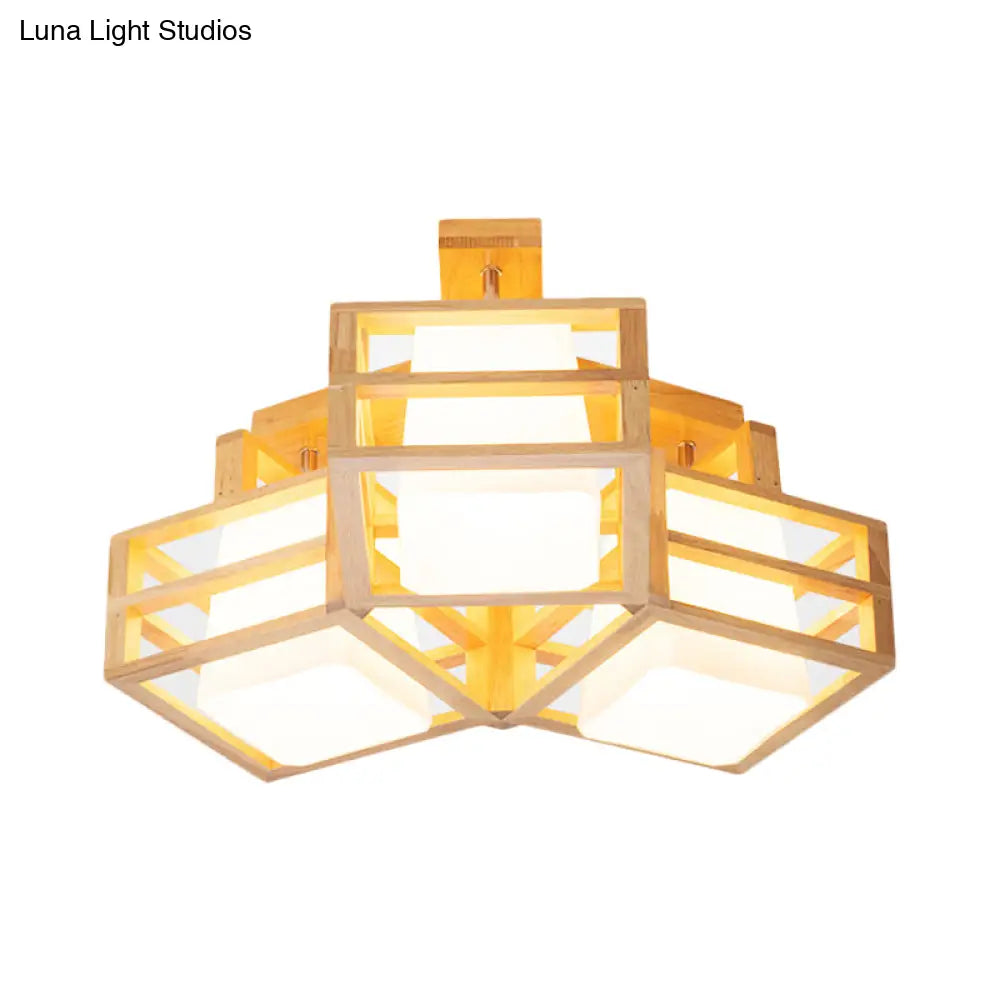 DecorBites™ DecorBites™ Modern Opaline Matte Glass Cube Ceiling Light with 3 Beige Heads & Wood Cage Guard