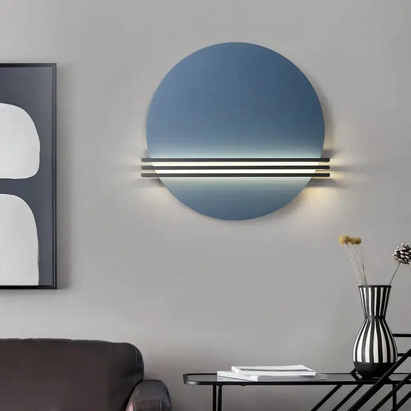 Blue circular wall lamp with three horizontal led light bars for modern bedroom decorbites circular wall lamp