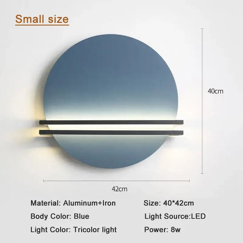 Blue circular wall lamp with two horizontal led light bars by decorbites for modern bedroom decorbites circular wall lamp