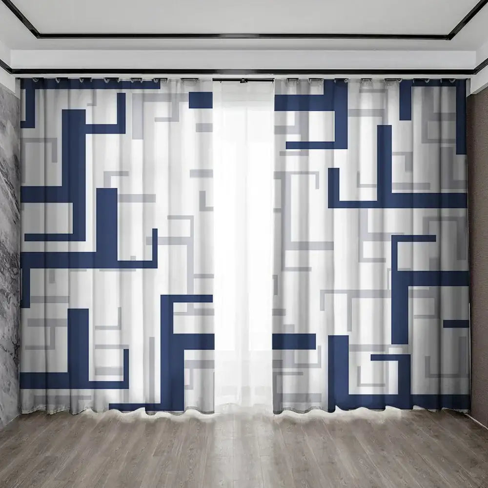 Modern orange and white geometric grid printed curtain set with navy blue and gray decorbites geometric grid sheer layer