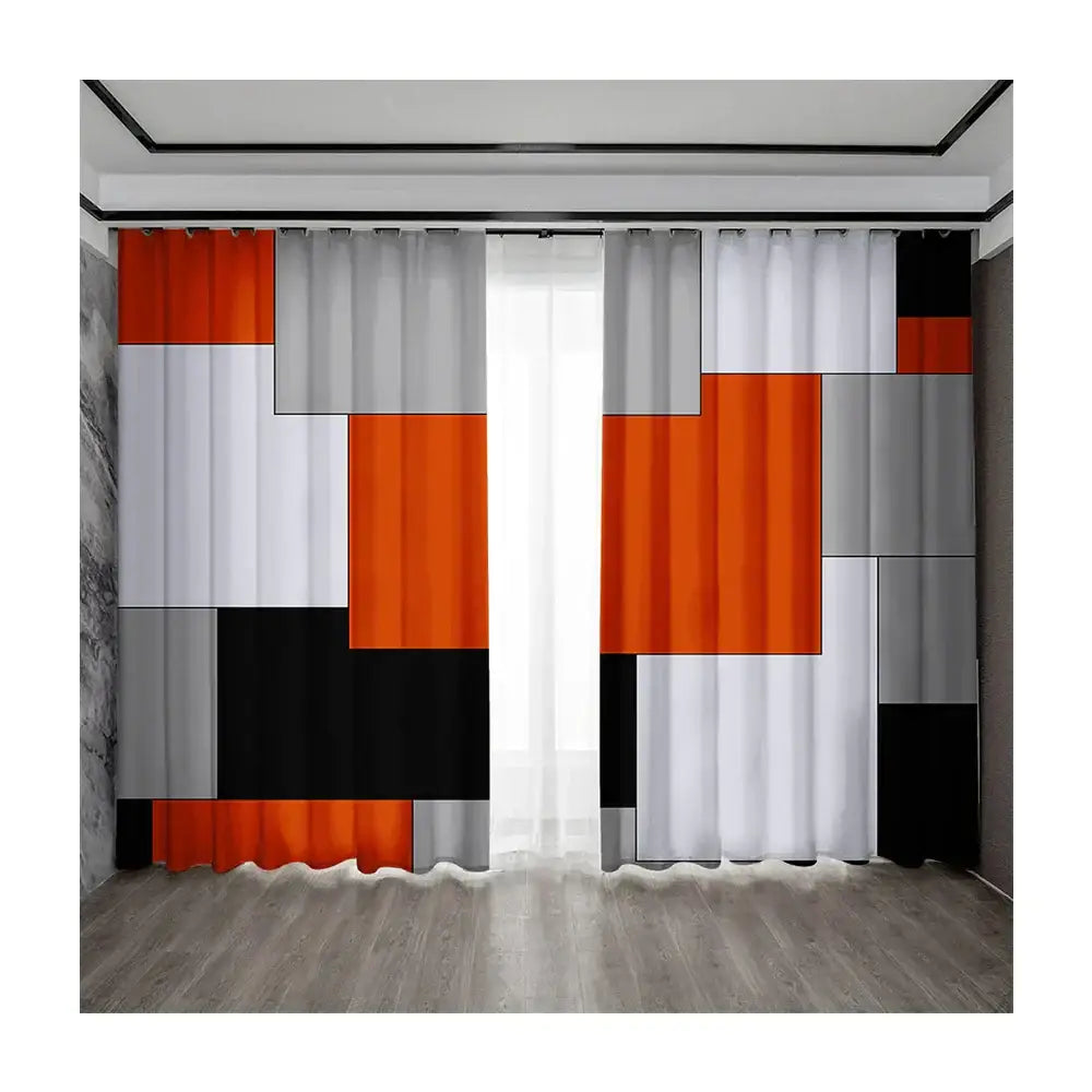Modern orange and white geometric grid printed curtain set with bold orange black and gray panels for bedroom decorbites geometric grid