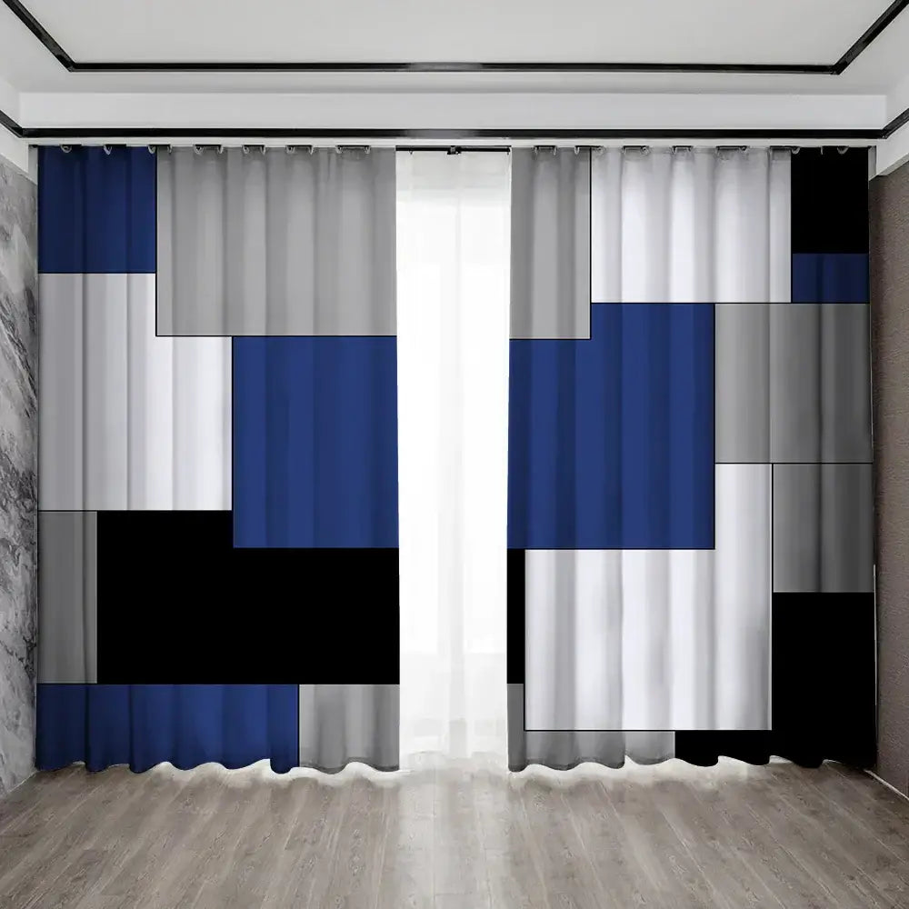 Modern geometric grid printed curtain set featuring bold blue gray white and black blocks for bedroom decorbites geometric grid