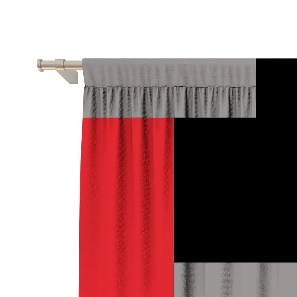 Gray and red two-tone curtain with pleated top header hanging from metallic rod in decorbites geometric grid printed set