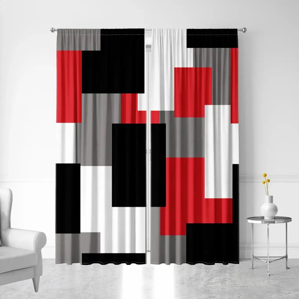 Modern geometric grid printed curtains in bold red black white and gray blocks for bedroom decorbites geometric grid