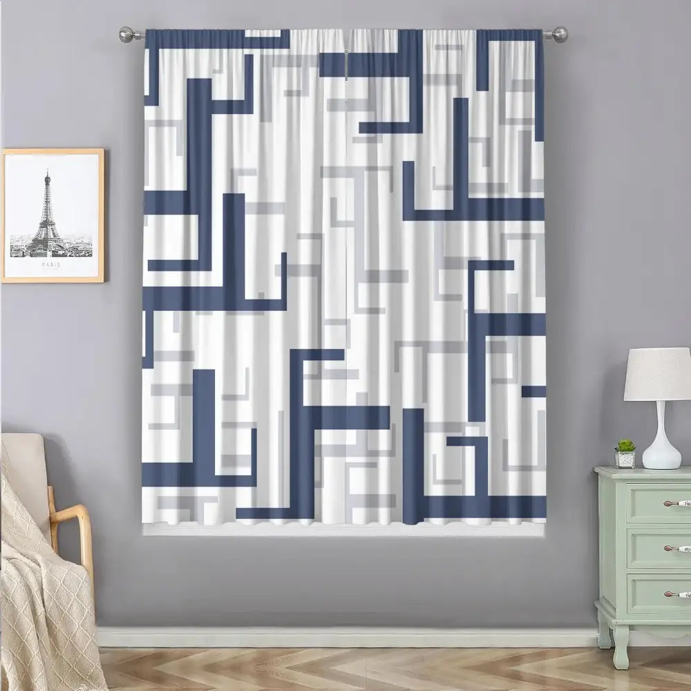 Modern orange and white geometric grid printed curtain set with navy blue and gray decorbites geometric grid curtains on silver rods