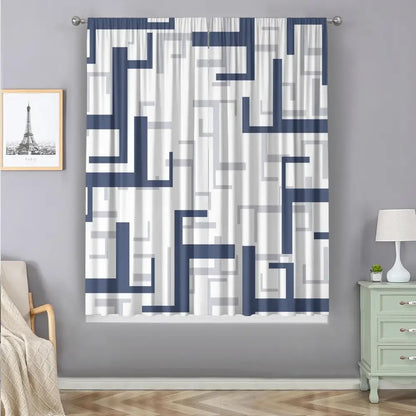 Modern orange and white geometric grid printed curtain set with navy blue and gray decorbites geometric grid curtains on silver rods
