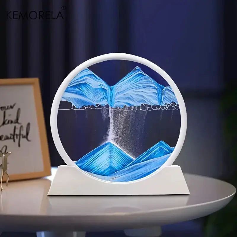 Modern orange and brown 3d moving sand art picture with white circular lamp featuring blue mountain and waterfall design