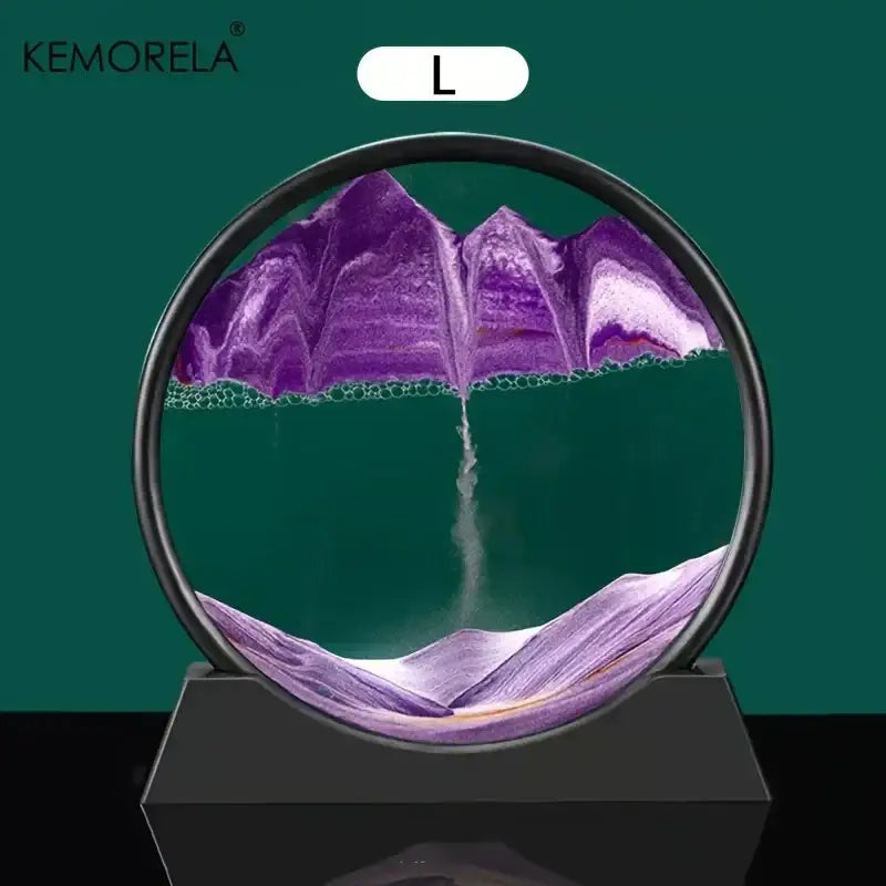 Modern orange and brown 3d moving sand art picture with purple sand in a circular glass dome by kemorela