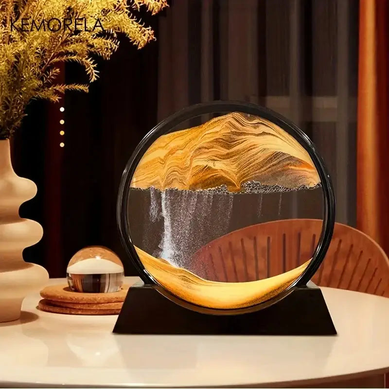 Kemorela circular sand art lamp with golden and black flowing design in glass dome modern sand art picture decor