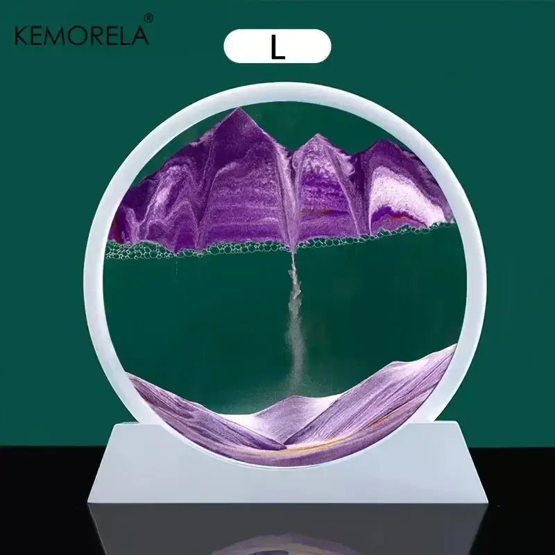 Modern orange and brown 3d moving sand art picture with purple mountain sand formations in a white acrylic frame